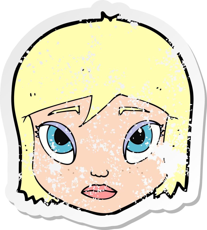 pegatina retro angustiada de un rostro femenino de dibujos animados vector