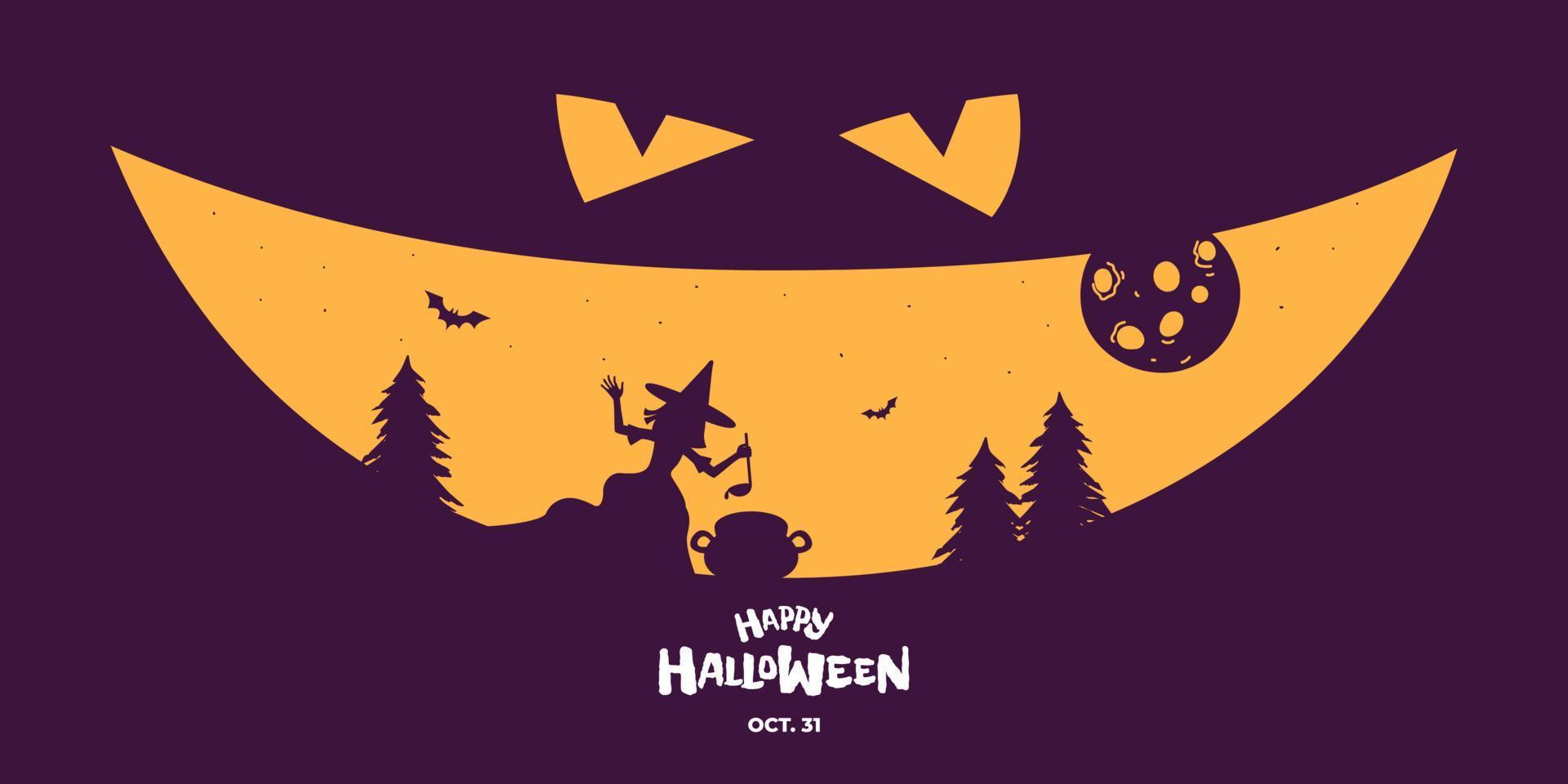 Happy Halloween party horizontal banner design. Jack O Lantern pumpkin scary face on dark background. Witch conjures and brews potion in forest. Traditional October 31 holiday vector eps greeting card