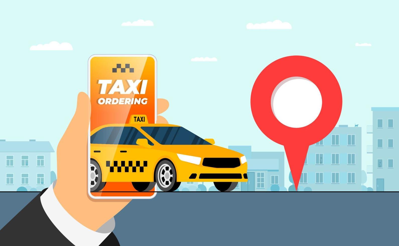 concepto de aplicación de servicio de pedido móvil de taxi. pedido en línea taxi amarillo. mano que sostiene el teléfono inteligente con geoetiqueta gps ubicación pin dirección de llegada en la calle de la ciudad. aplicación web obtener taxi. bandera de pasos vectoriales vector