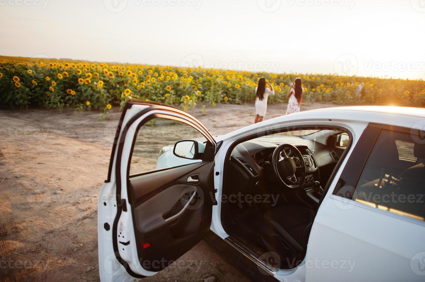 coche blanco contra dos bonitas mujeres negras visten pose de vestido de verano en un campo de girasol. foto