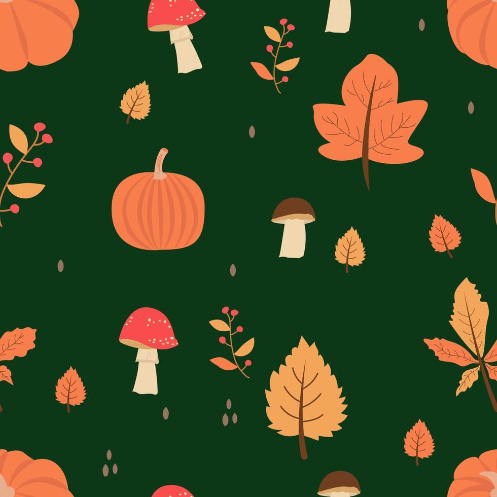 Seamless pattern with orange and yellow autumn leaves, with rowan, mushrooms, and pumpkin. Perfect for wallpaper, gift paper vector