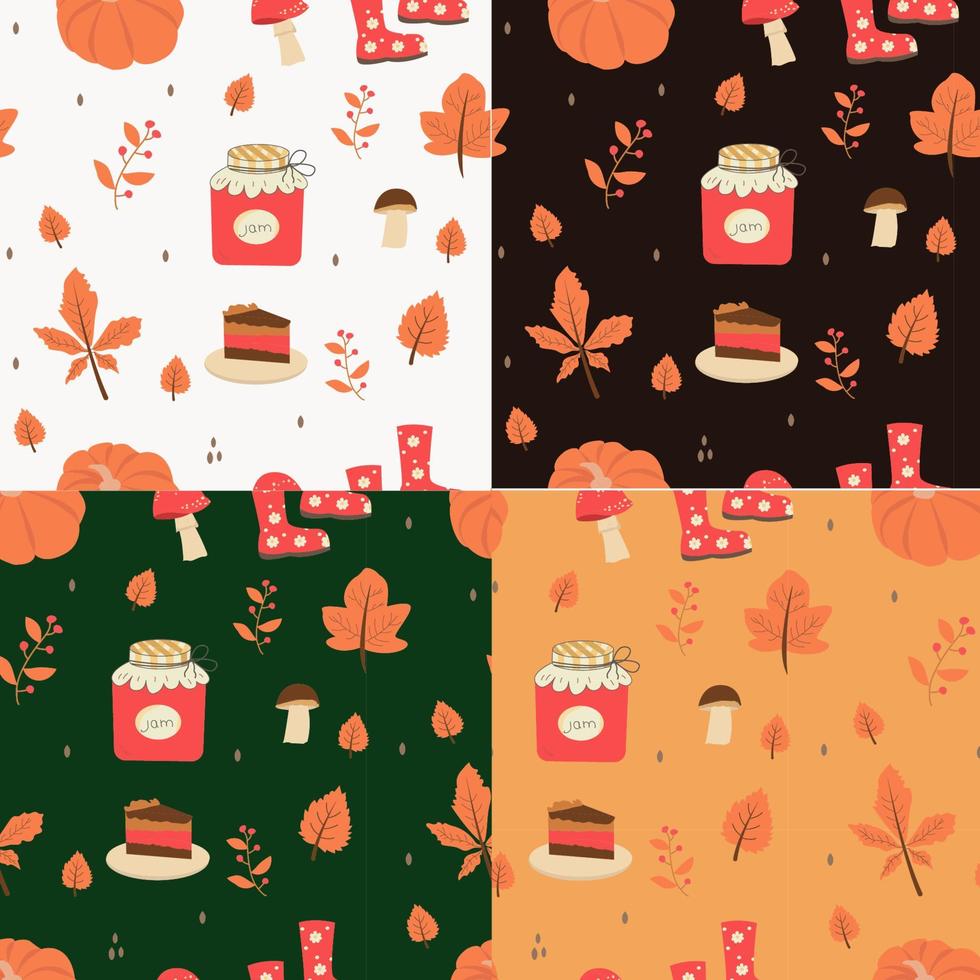 Set seamless pattern with orange and yellow autumn leaves, with rowan, cheesecake, and jam. Perfect for wallpaper, gift paper, pattern filling vector