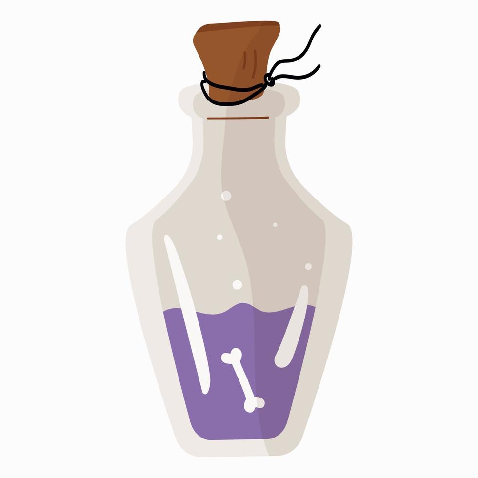 Transparent glass bottle with a magic potion, closed with stoppers highlighted on a white background vector