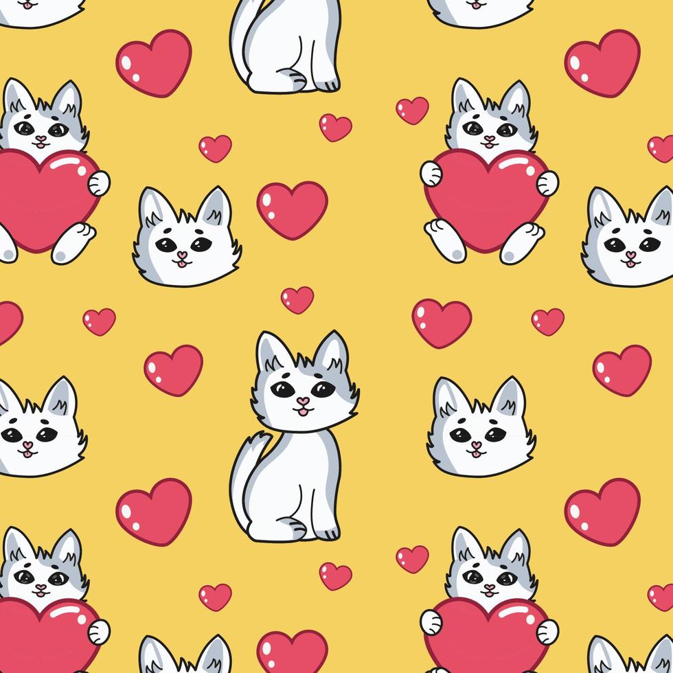 beautiful pattern with cats and a heart, suitable for drawing, wallpaper, prints, postcards, printing, vector illustration.