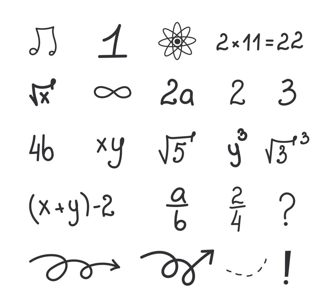 conjunto de ecuaciones matemáticas y números. la teoría de las leyes de la geometría y la fórmula matemática de la ecuación en la pizarra. ilustración vectorial dibujada a mano vector