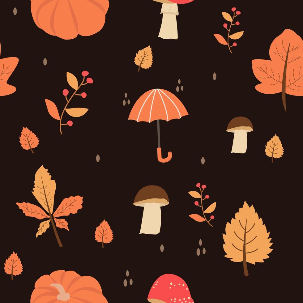 Seamless pattern with orange and yellow autumn leaves, with rowan and mushrooms. Perfect for wallpaper, gift paper, vector