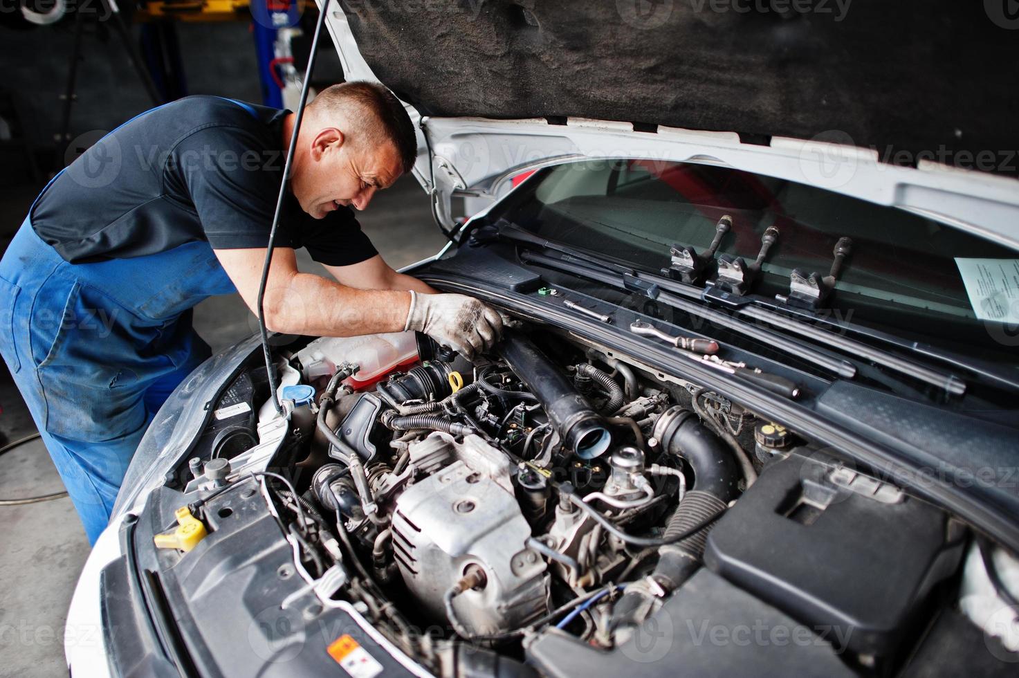 Car repair and maintenance theme. Mechanic in uniform working in auto service, checking engine. photo