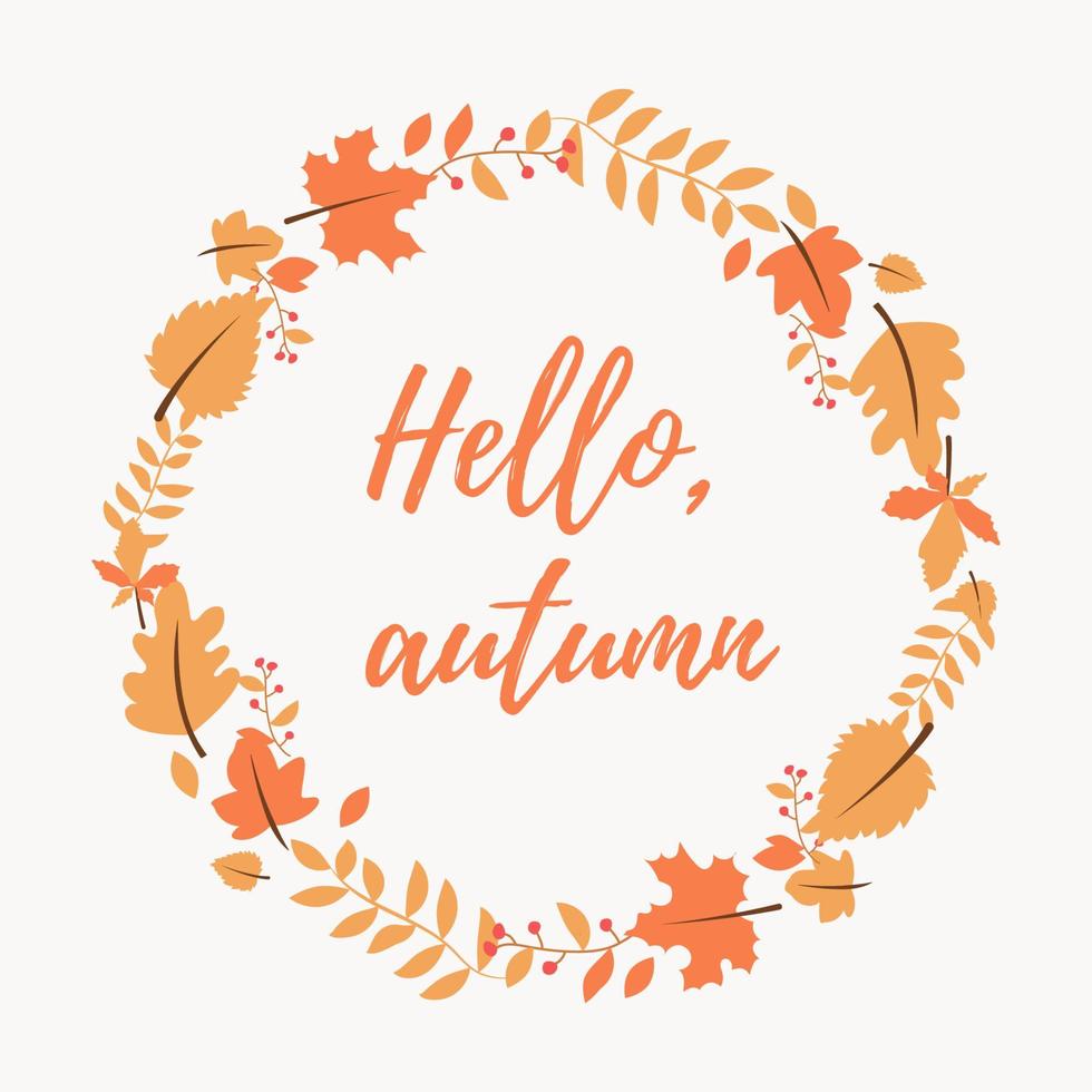 banner de la temporada de otoño en forma de círculo. tarjeta de felicitación con la inscripción hola, otoño y hojas de otoño dibujadas a mano. vector