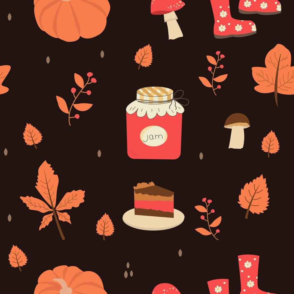 Seamless pattern with orange and yellow autumn leaves, with rowan, cheesecake, and jam. Perfect for wallpaper, gift paper, pattern filling vector