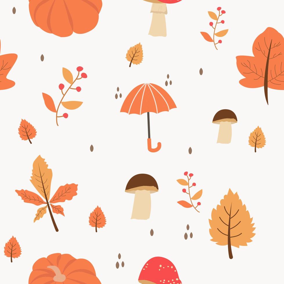 Seamless pattern with orange and yellow autumn leaves, with rowan and mushrooms. Perfect for wallpaper, gift paper, pattern filling vector