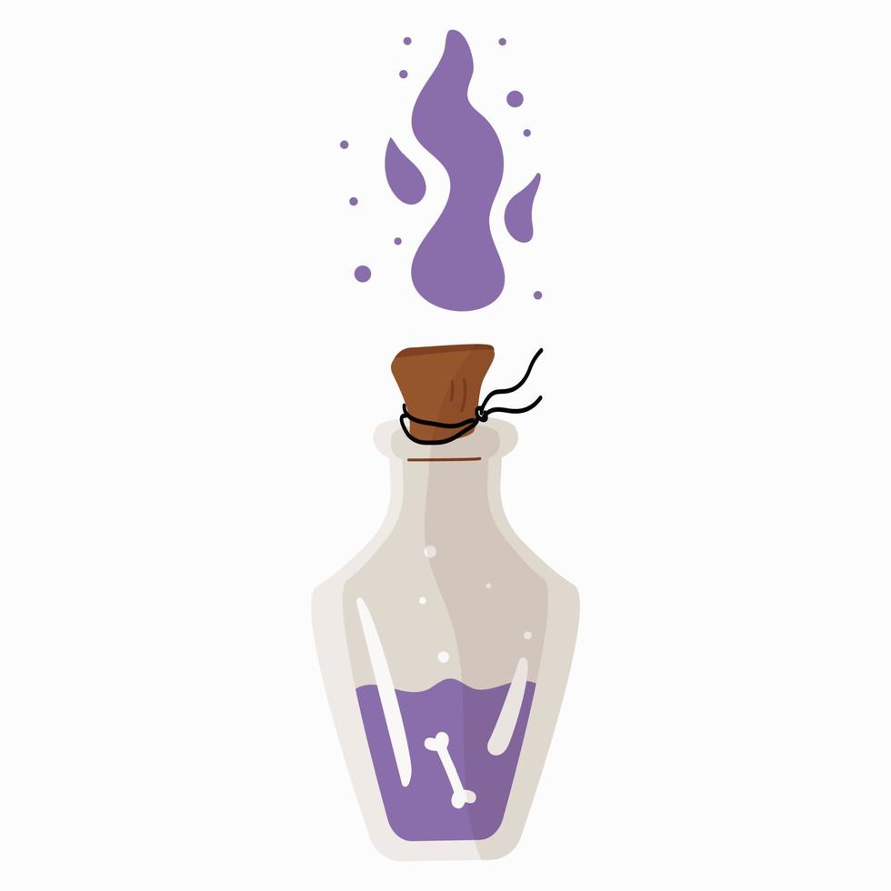 Transparent glass bottle with a magic potion, closed with stoppers highlighted on a white background vector