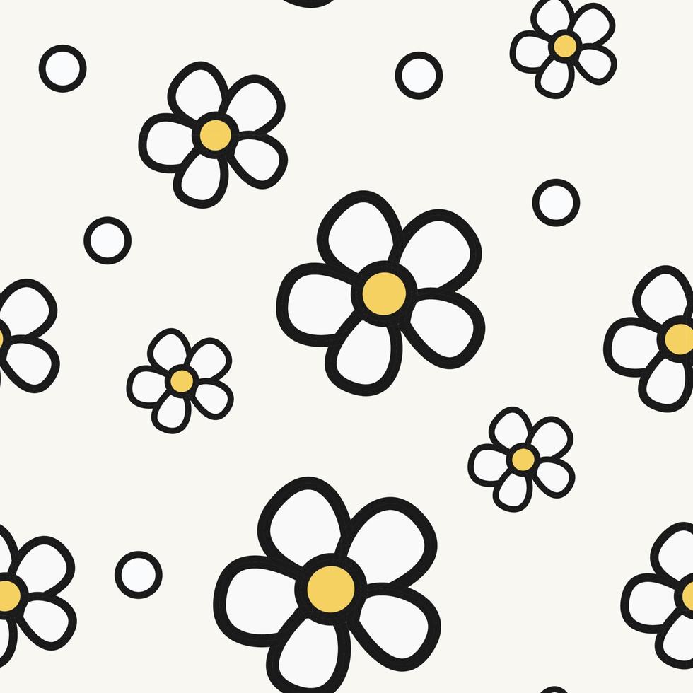 Hand-drawn abstract chamomile flowers in a seamless pattern on a white background. Repeating floral vector pattern