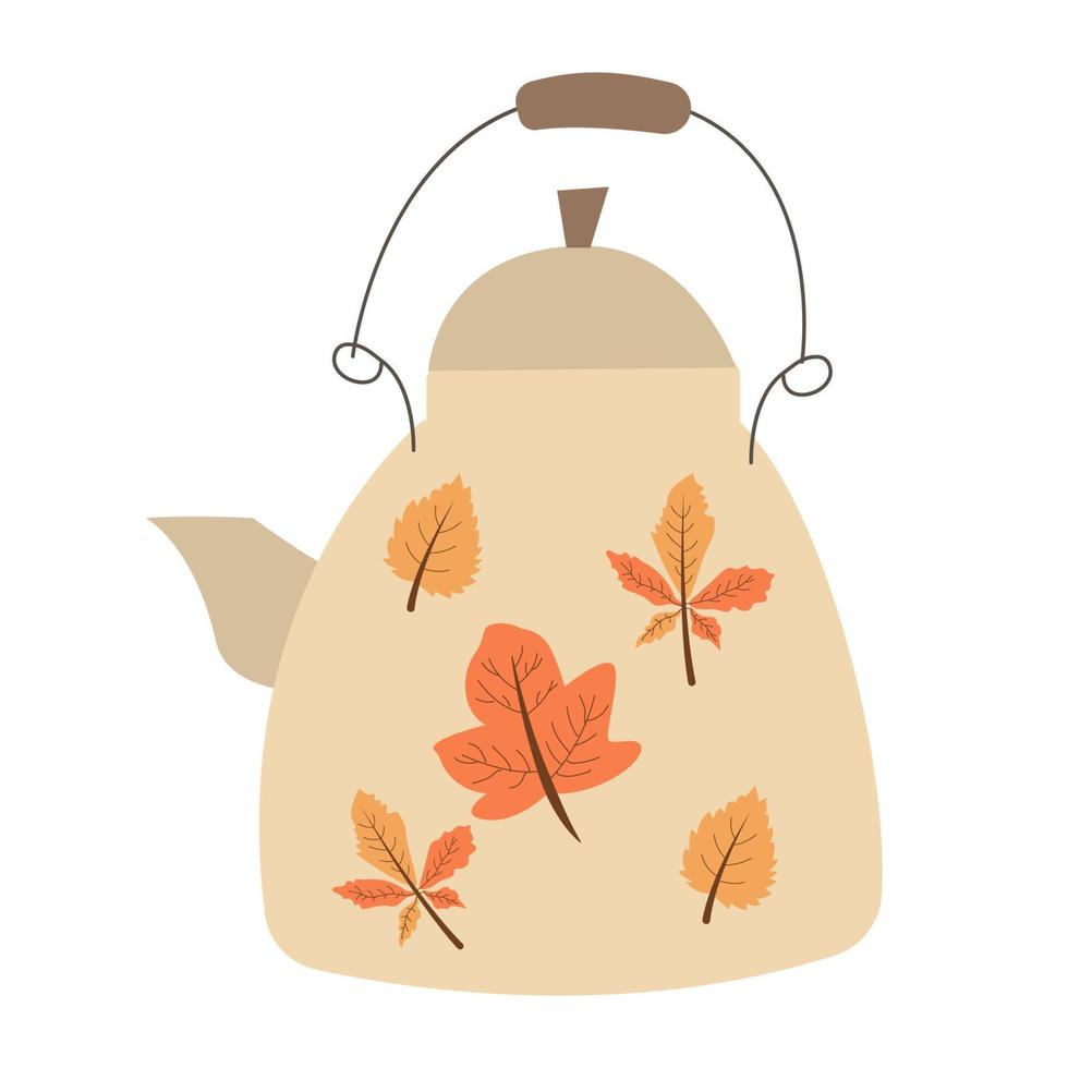 white teapot with a pattern of autumn leaves on it. Rustic teapot with autumn herbal drink. Color flat vector illustration isolated on a white background