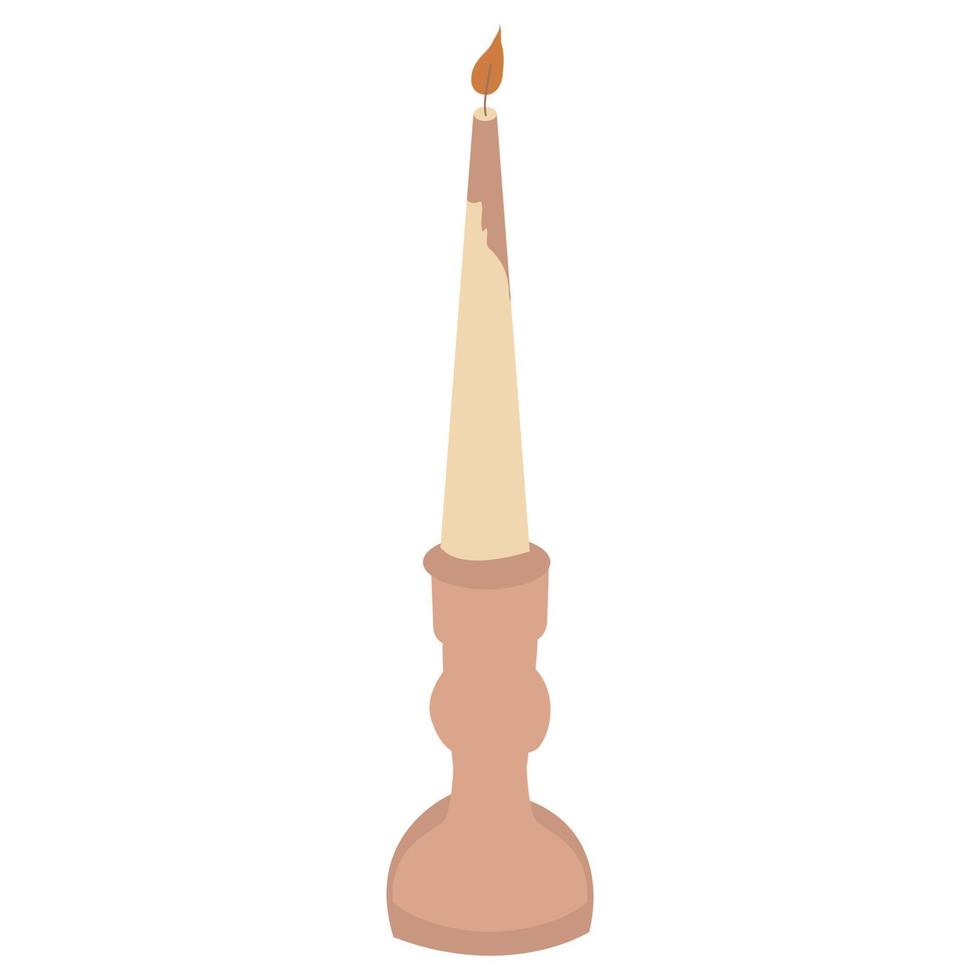 A lit long candle in a candlestick. Vector illustration of a wax candle.