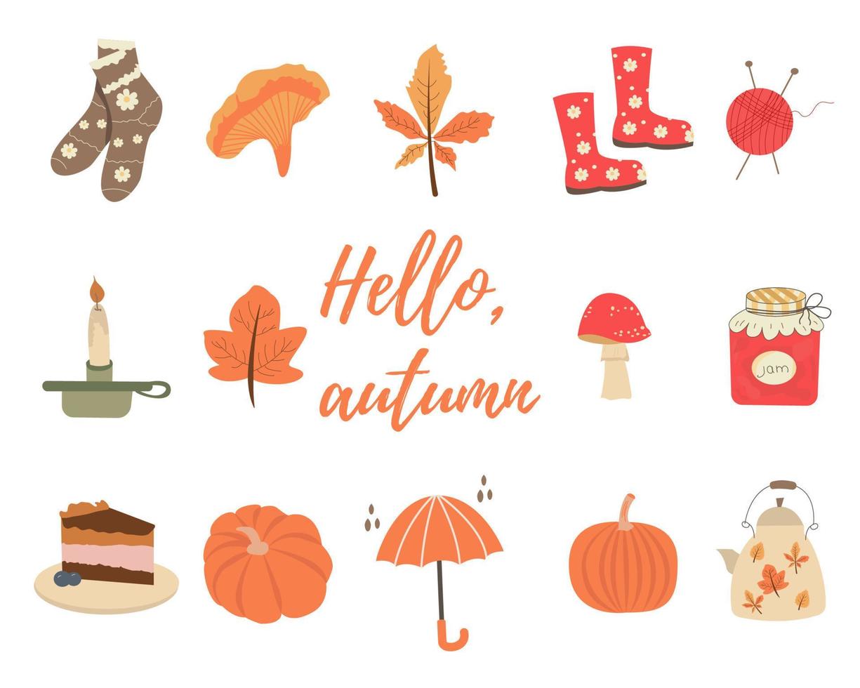 conjunto vectorial de suéter de iconos de otoño, hojas que caen, comida acogedora, velas, libros y calabaza. colección de recortes con elementos de la temporada de otoño. vector