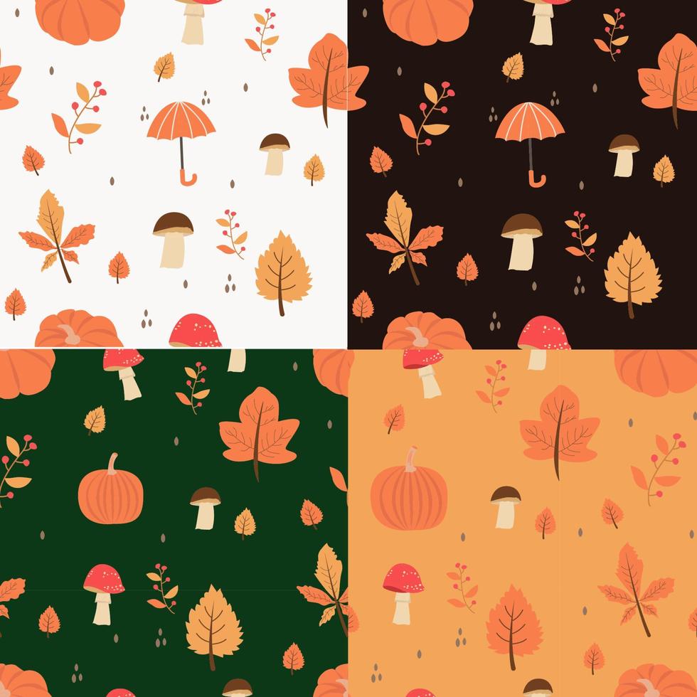establece un patrón impecable con hojas de otoño naranjas y amarillas, con serbal y champiñones. perfecto para papel tapiz, papel de regalo, relleno de patrones vector