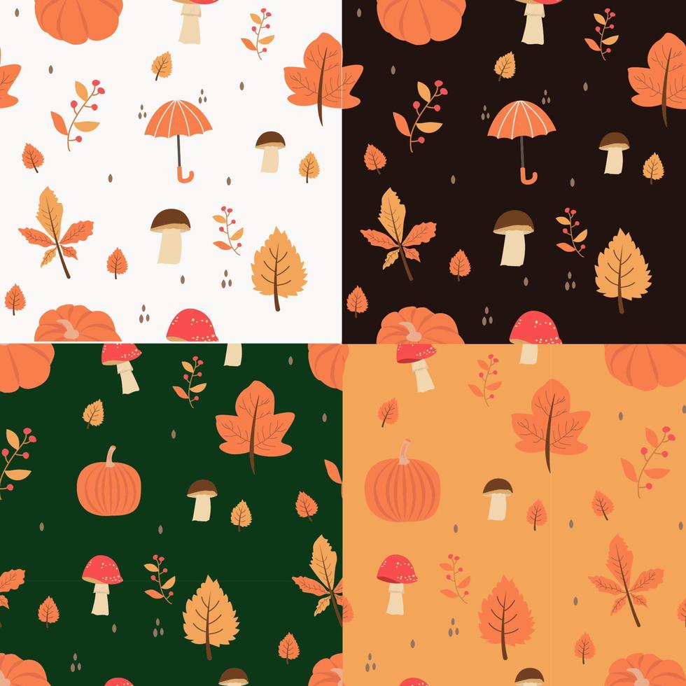 Set seamless pattern with orange and yellow autumn leaves, with rowan and mushrooms. Perfect for wallpaper, gift paper, pattern filling vector