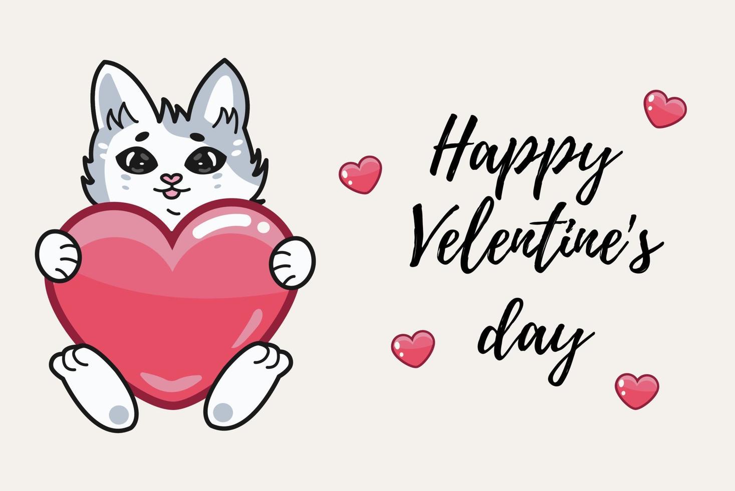 Cute funny gray cat with a red heart in his hands. happy valentine's day vector