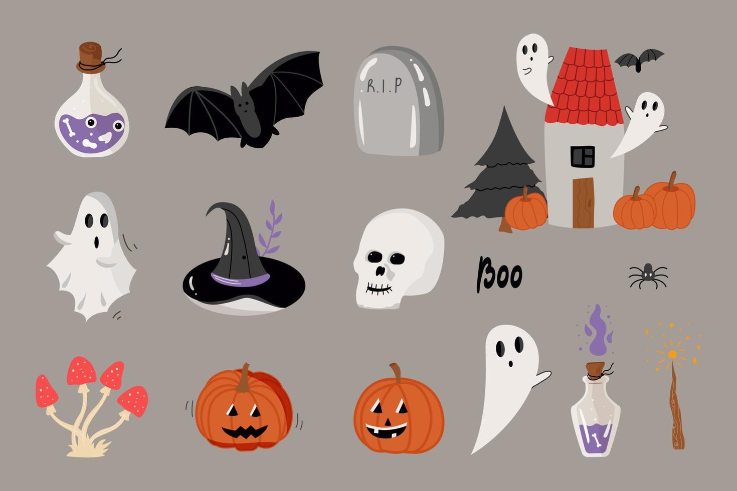 set of smiling and funny illustrations for Halloween pumpkins, ghost, bat, house. Set of isolated icons, vector illustration.