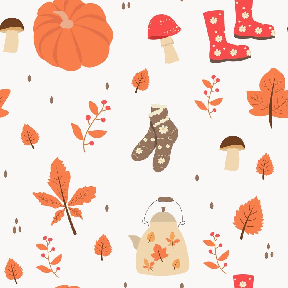 Seamless pattern with orange and yellow autumn leaves, with mountain ash, socks, and rubber boots, pumpkin, teapot. vector