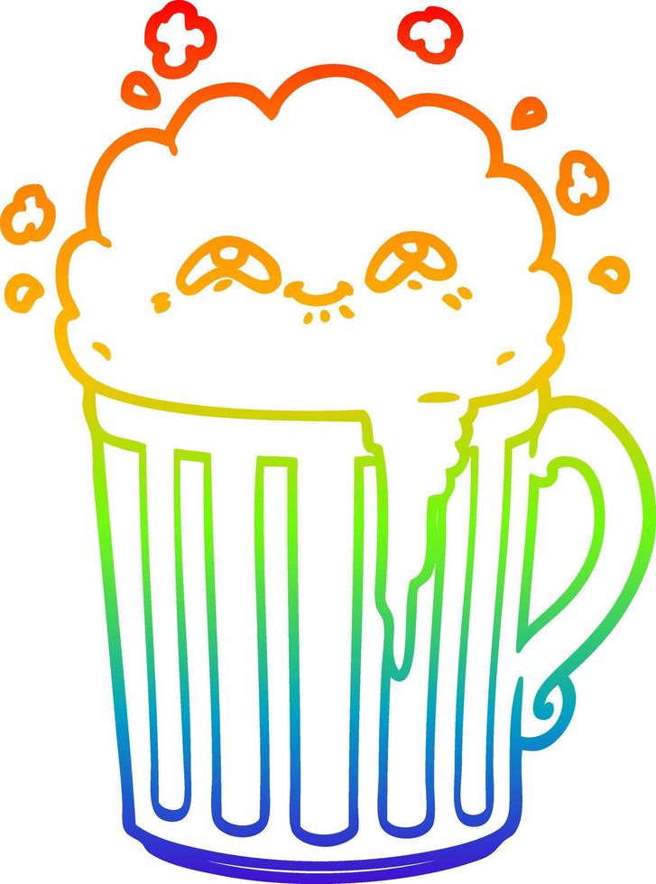 rainbow gradient line drawing happy cartoon mug of beer vector