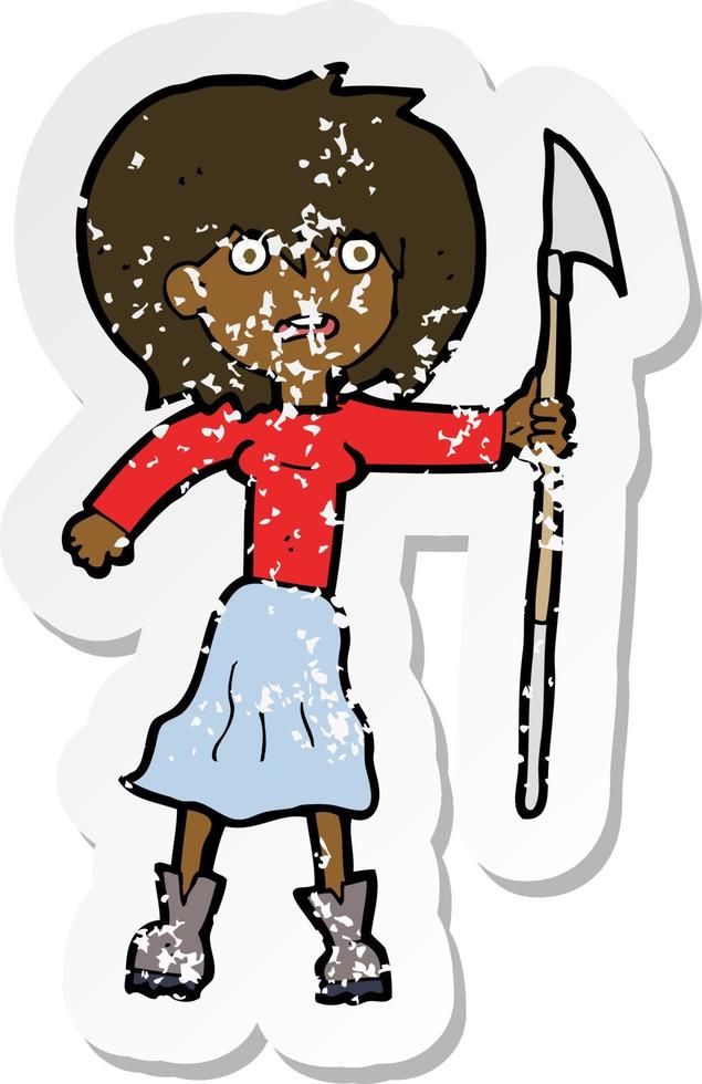 retro distressed sticker of a cartoon woman with harpoon vector