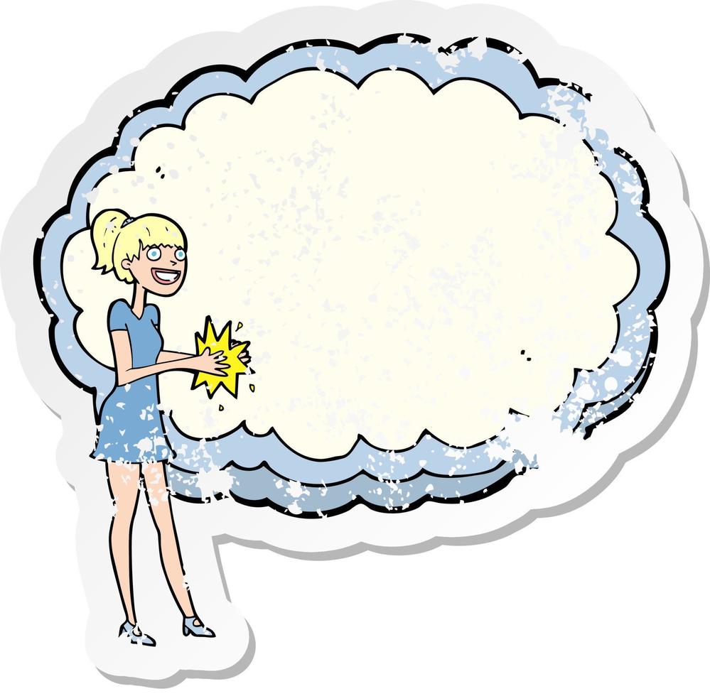 retro distressed sticker of a woman with text space cloud vector