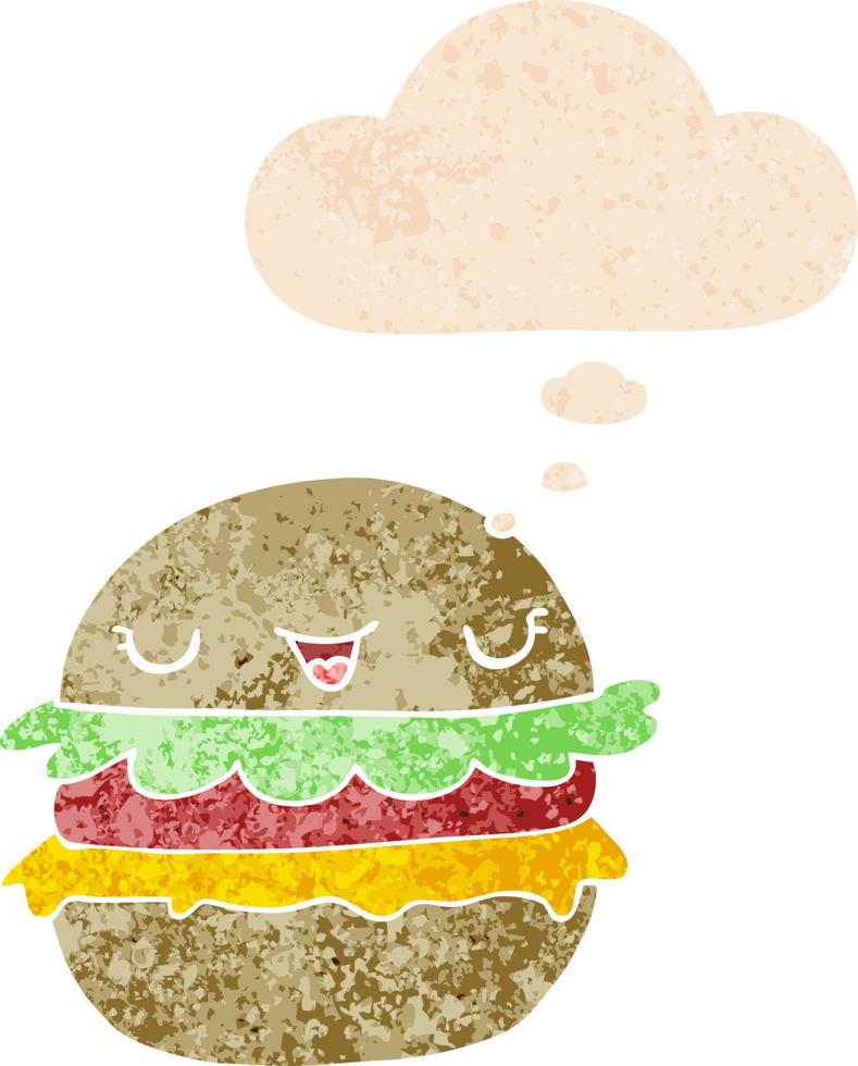caricatura, hamburguesa, y, pensamiento, burbuja, en, retro, textura, estilo vector