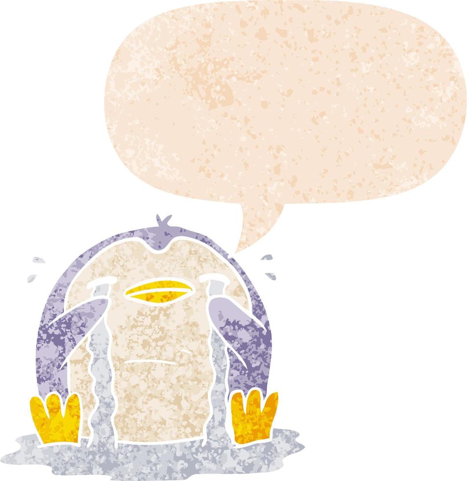 cartoon crying penguin and speech bubble in retro textured style vector