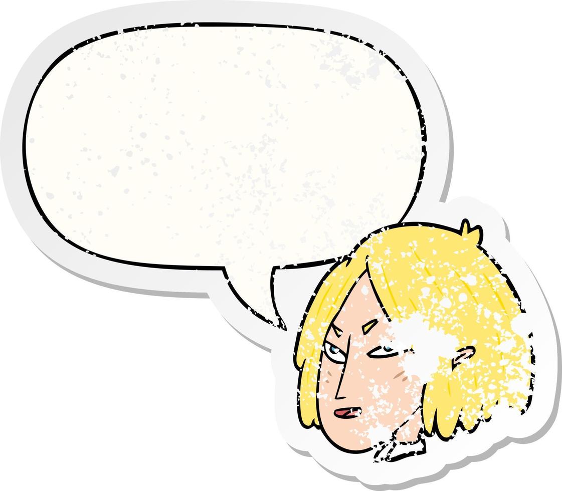 cartoon woman and speech bubble distressed sticker vector