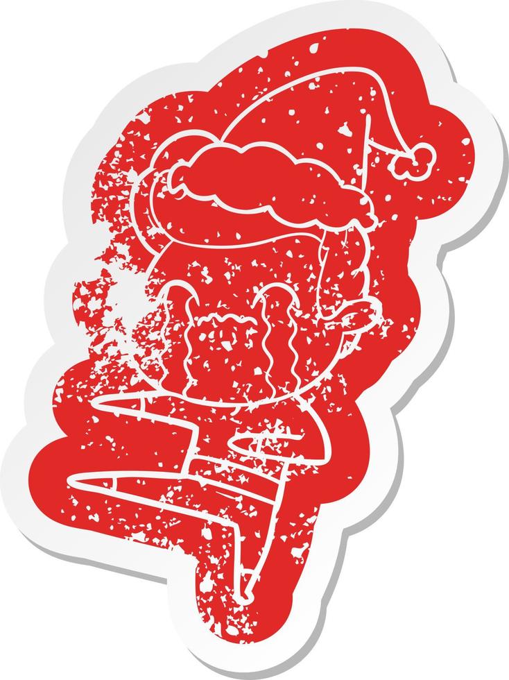 cartoon distressed sticker of a man crying wearing santa hat vector