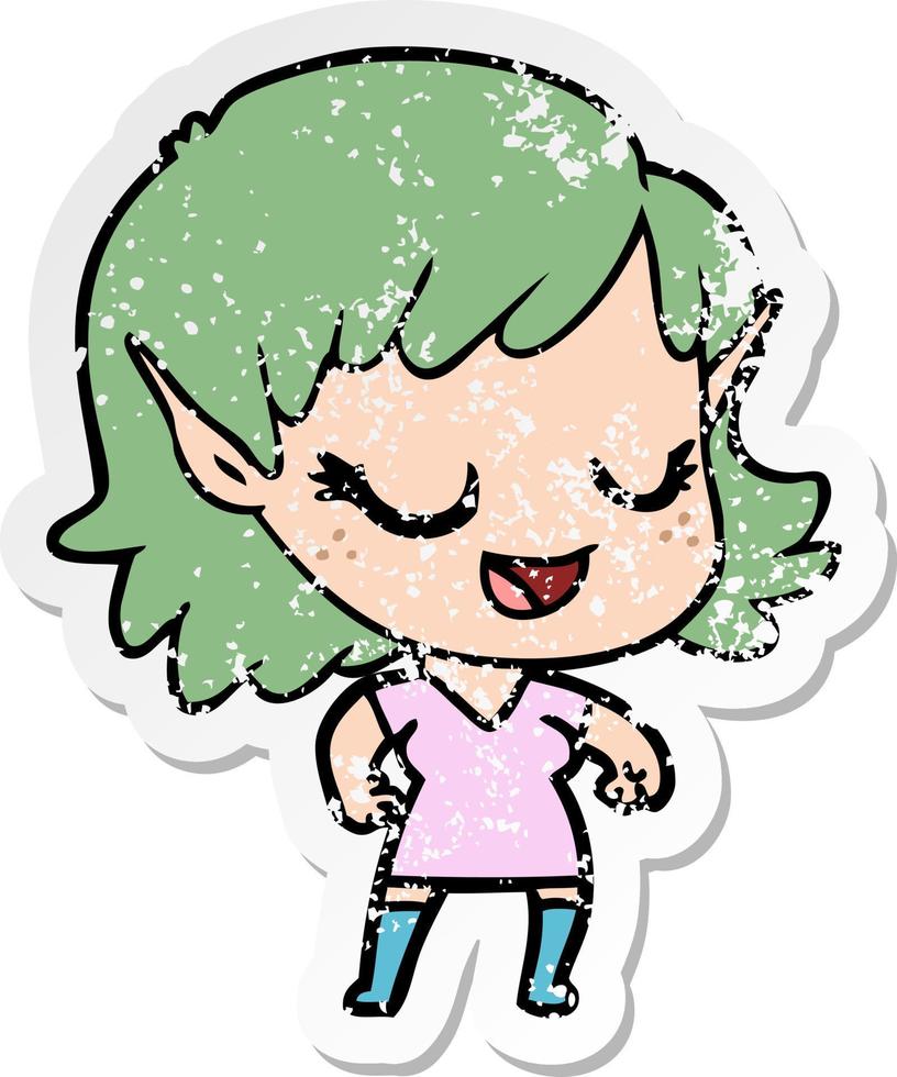 distressed sticker of a happy cartoon elf girl vector