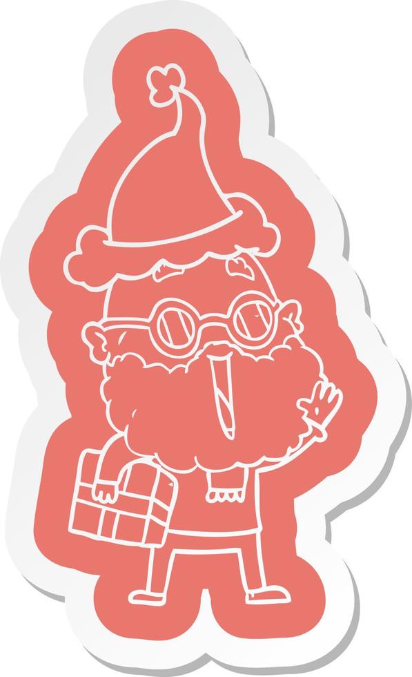 cartoon  sticker of a joyful man with beard and parcel under arm wearing santa hat vector