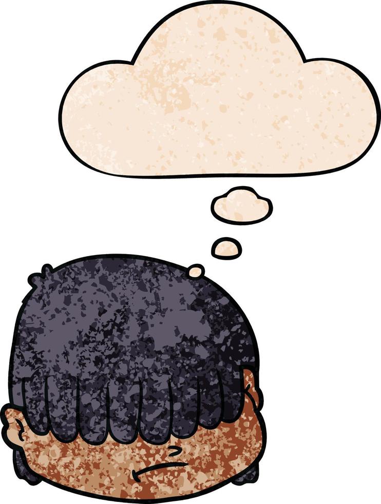 cartoon face with hair over eyes and thought bubble in grunge texture pattern style vector