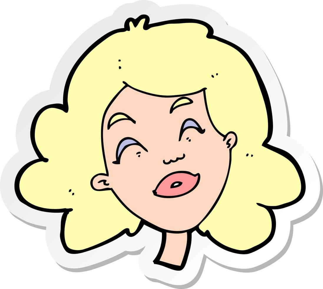 pegatina de un rostro femenino feliz de dibujos animados vector