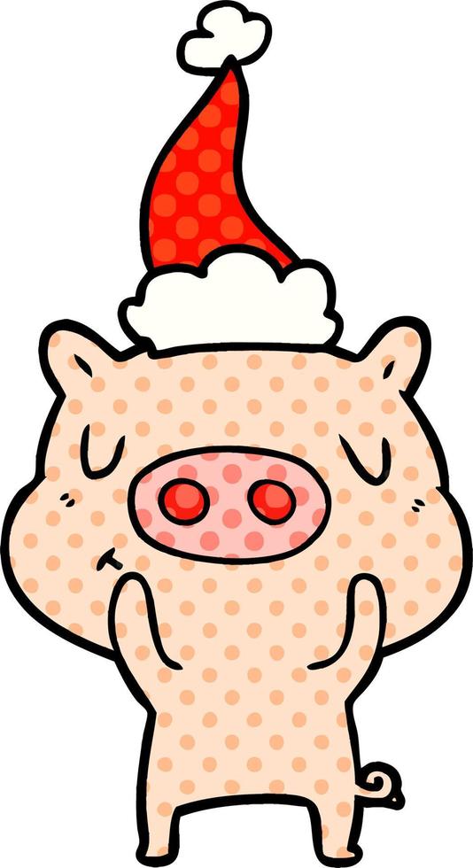 comic book style illustration of a content pig wearing santa hat vector