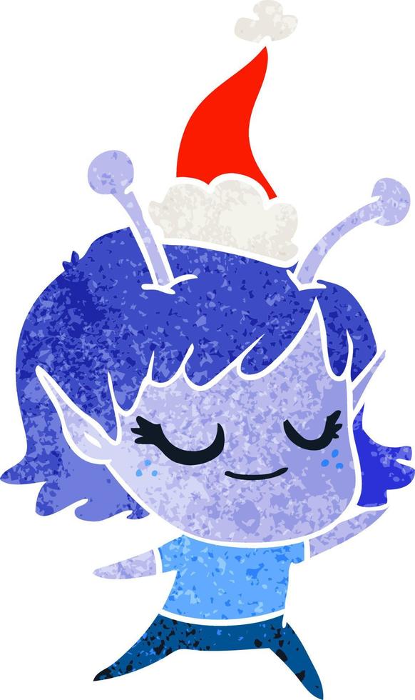 smiling alien girl retro cartoon of a wearing santa hat vector