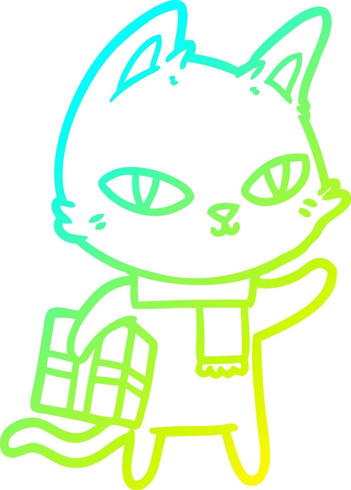 cold gradient line drawing cartoon cat with gift vector
