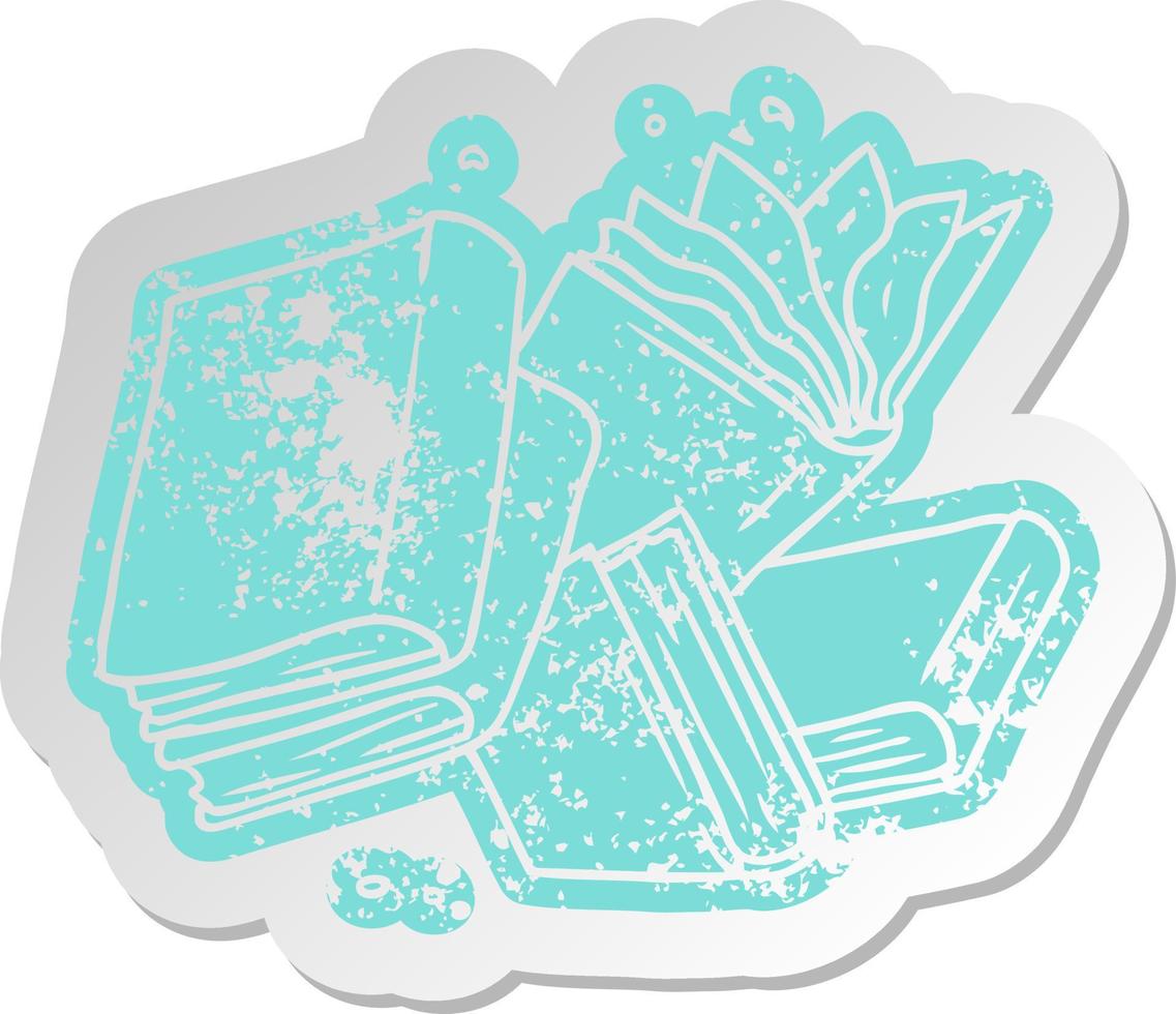 distressed old sticker of a collection of books vector