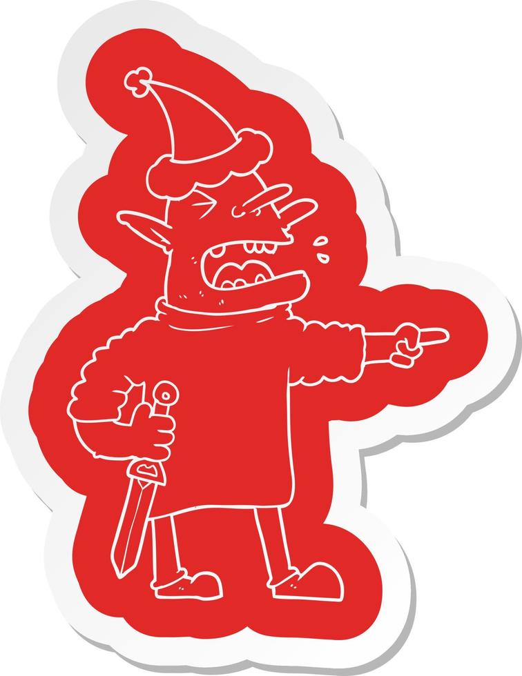 cartoon  sticker of a goblin with knife wearing santa hat vector