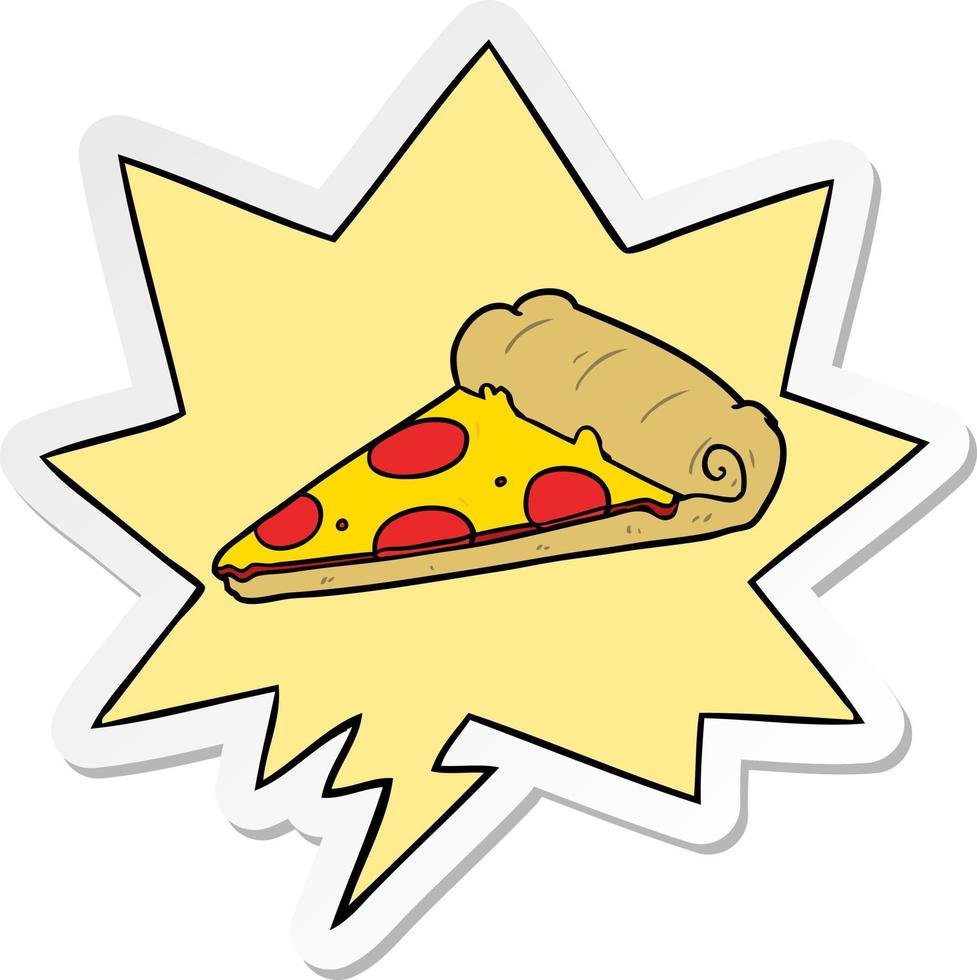 cartoon slice of pizza and speech bubble sticker vector