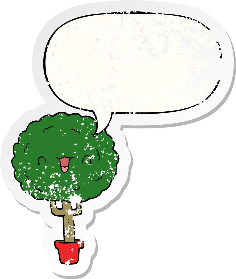 caricatura, árbol feliz, y, burbuja del discurso, angustiado, pegatina vector