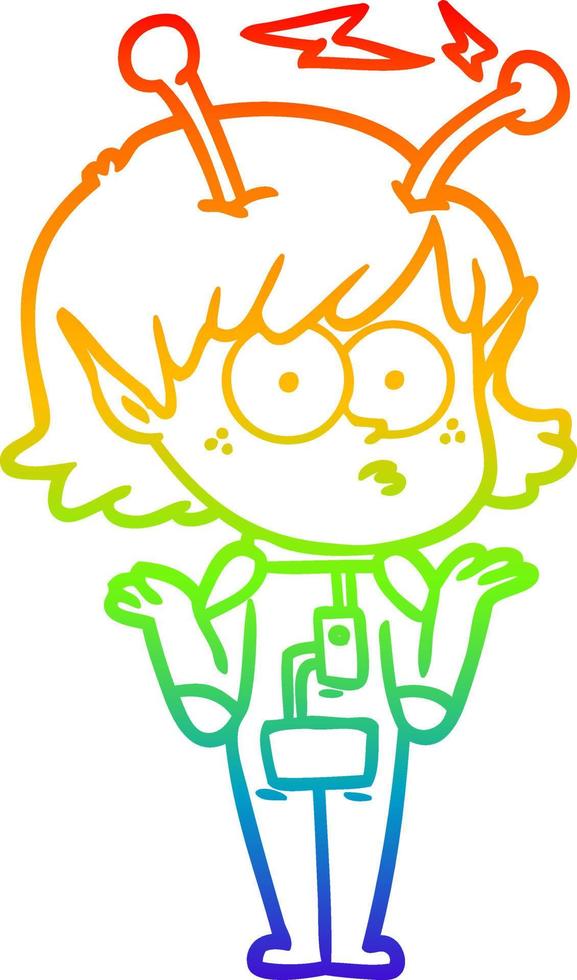rainbow gradient line drawing cartoon alien girl vector