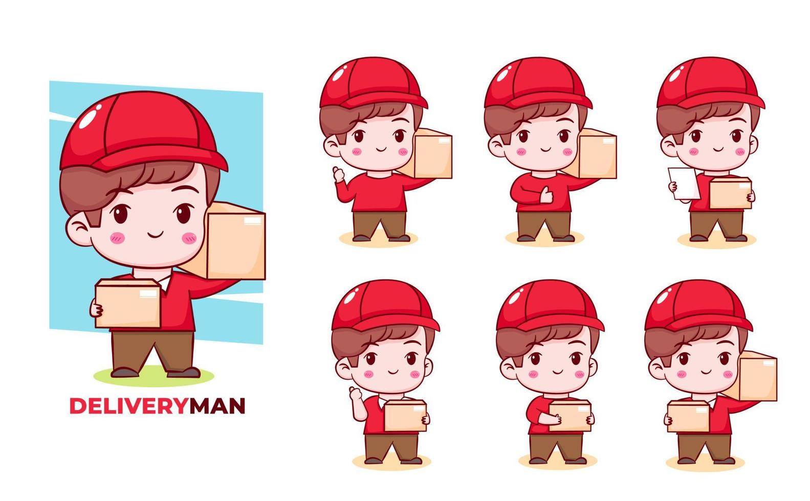 Set cartoon illustration of cute delivery man in red uniform. Chibi vector art illustration. Isolated white background
