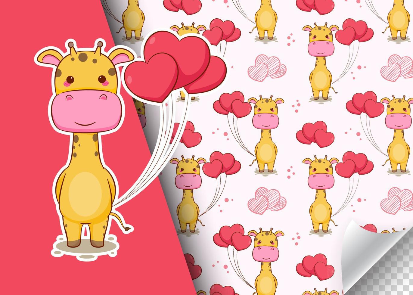 Cute cartoon giraffe character with love heart. Kids card and seamless background pattern. Hand drawn design vector illustration.