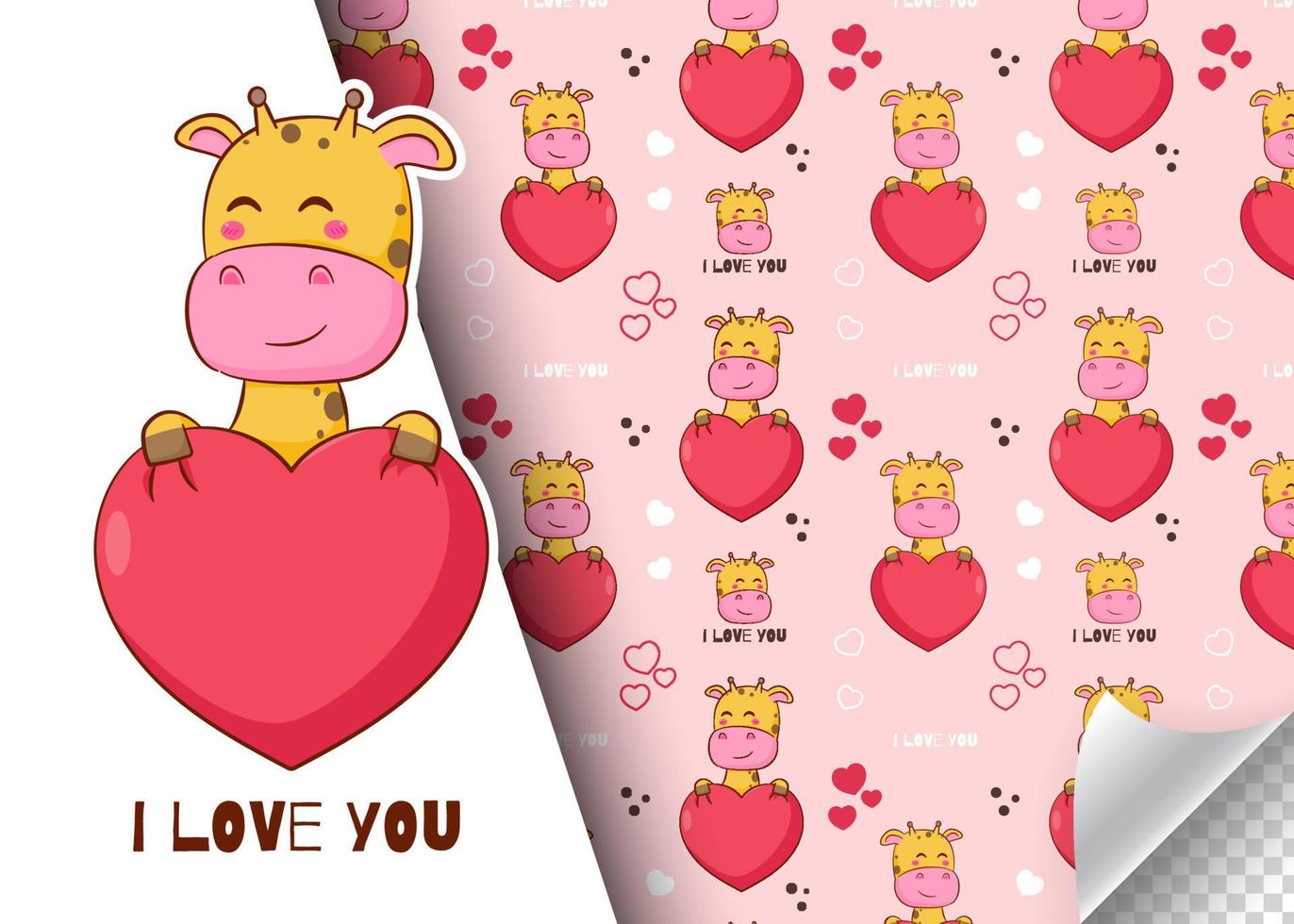 Cute cartoon giraffe character holding love heart. Kids card and seamless background pattern. Hand drawn design vector illustration.