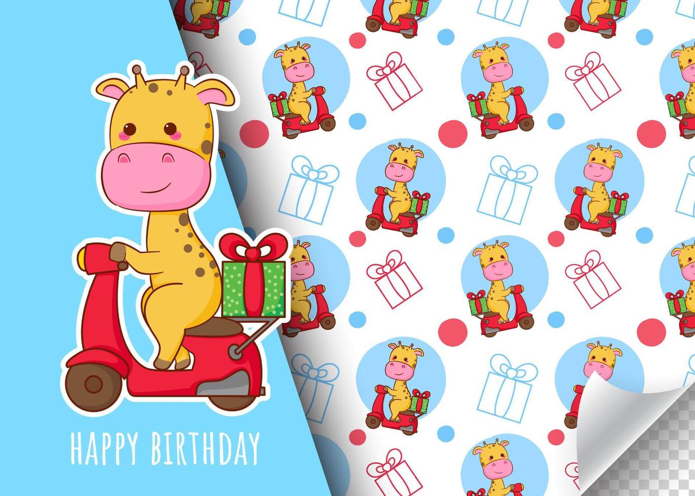 Cute cartoon giraffe character riding motorcycle. Kids card and seamless background pattern. Hand drawn design vector illustration.