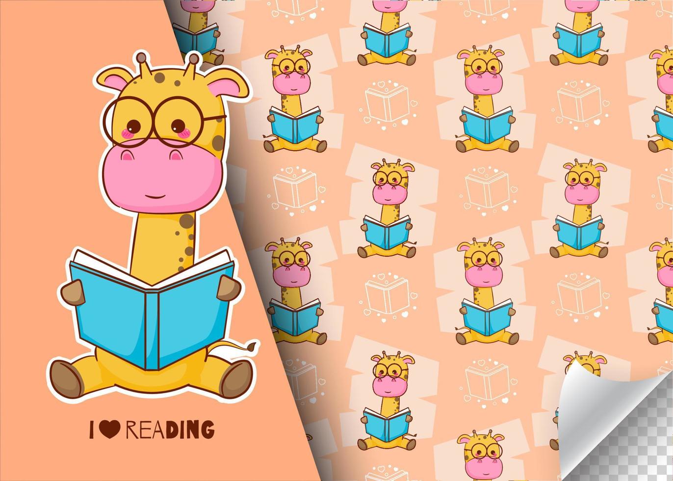 Cute cartoon giraffe character reading book. Kids card and seamless