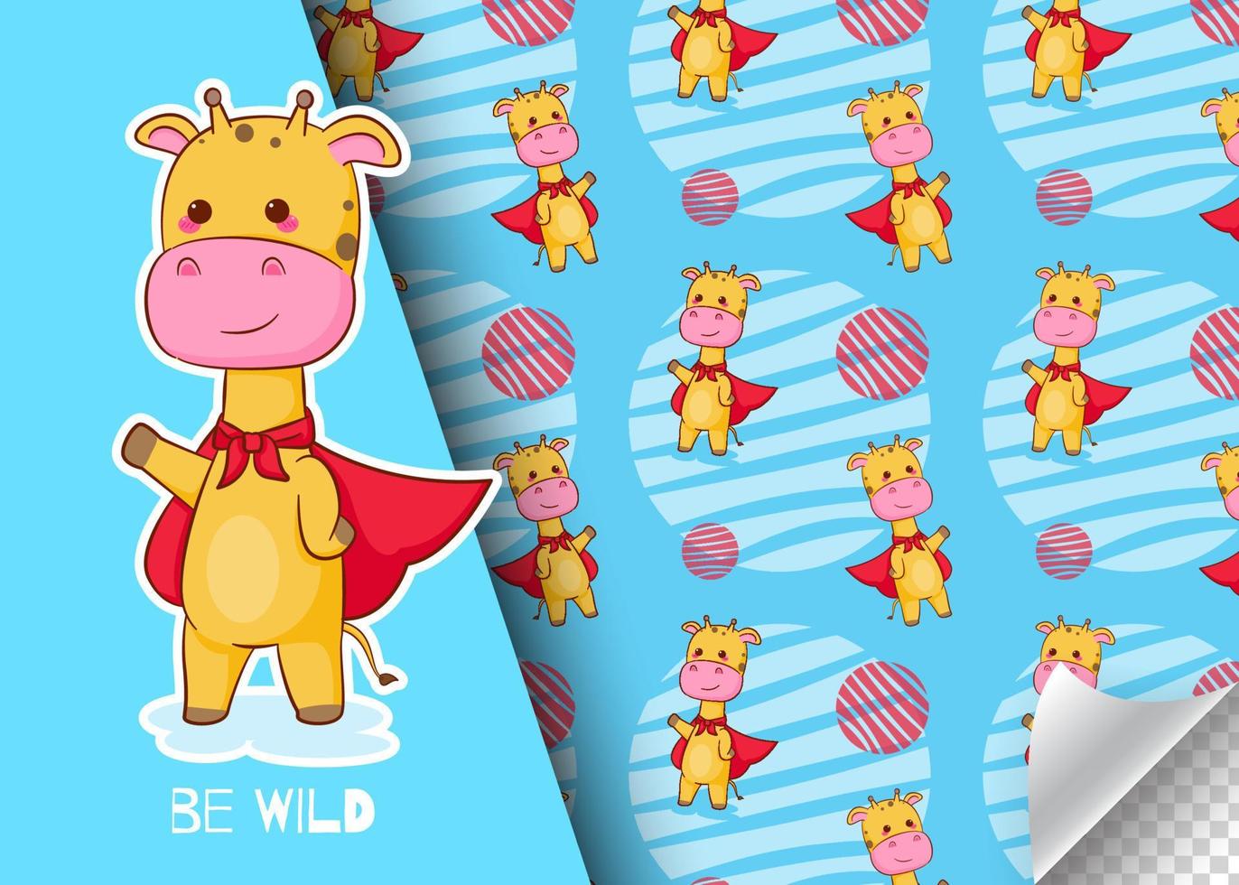 Cute cartoon hero giraffe character. Kids card and seamless background pattern. Hand drawn design vector illustration.