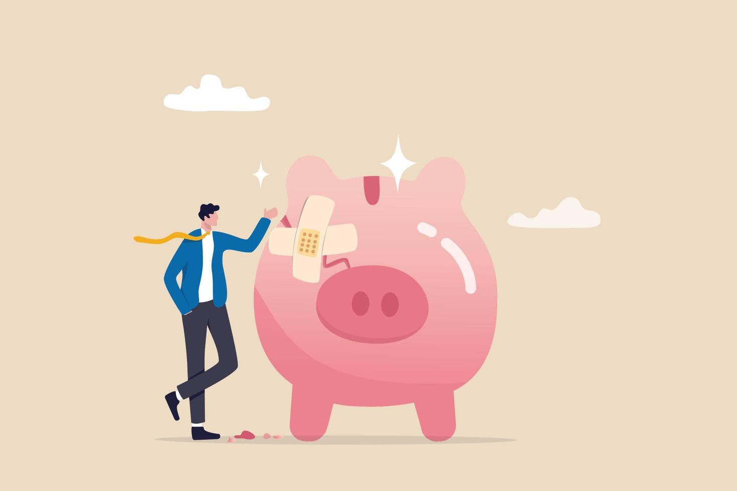 Fix financial problem, investment or saving impacted by crisis or inflation, bankruptcy, deposit or budget concept, poor cracked piggy bank with bandage metaphor of fixing problem. vector